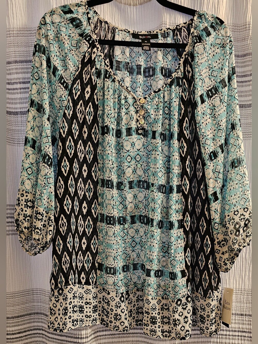 Style & Co. Turquoise and Black Printed Mixed-Pattern Blouse